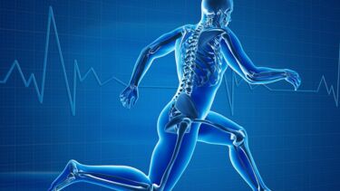 image of person running including skeleton against a background of a heart rate graph