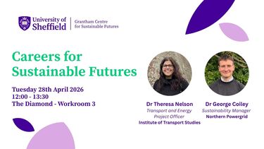 Poster for the Careers for Sustainable Futures event, including the event details "Tuesday 28th April 2026  12:00 - 13:30 The Diamond - Workroom 3" and profile photos and details of the two speakers "Dr Theresa Nelson Transport and Energy  Project Officer  Institute of Transport Studies" and "Dr George Coiley Sustainability Manager  Northern Powergrid"