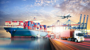 Montage with cargo ship, airplane and truck 