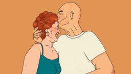 A cartoon which shows an older man kissing an older woman's forehead.