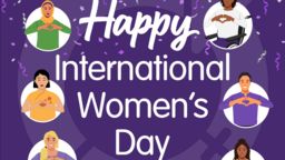 Poster for International women's day depicting women and men of all nationalities making a heart sign with their hands