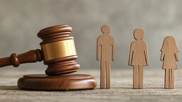 Graphic of a gavel alongside models of a woman, man and child