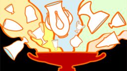 Graphic depicting drinking vessels flying out of a cauldron looking object, with the text '5 ½ Moments when Alcohol Shaped the World'