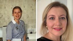 Emma smiling at the camera when she's younger and older.