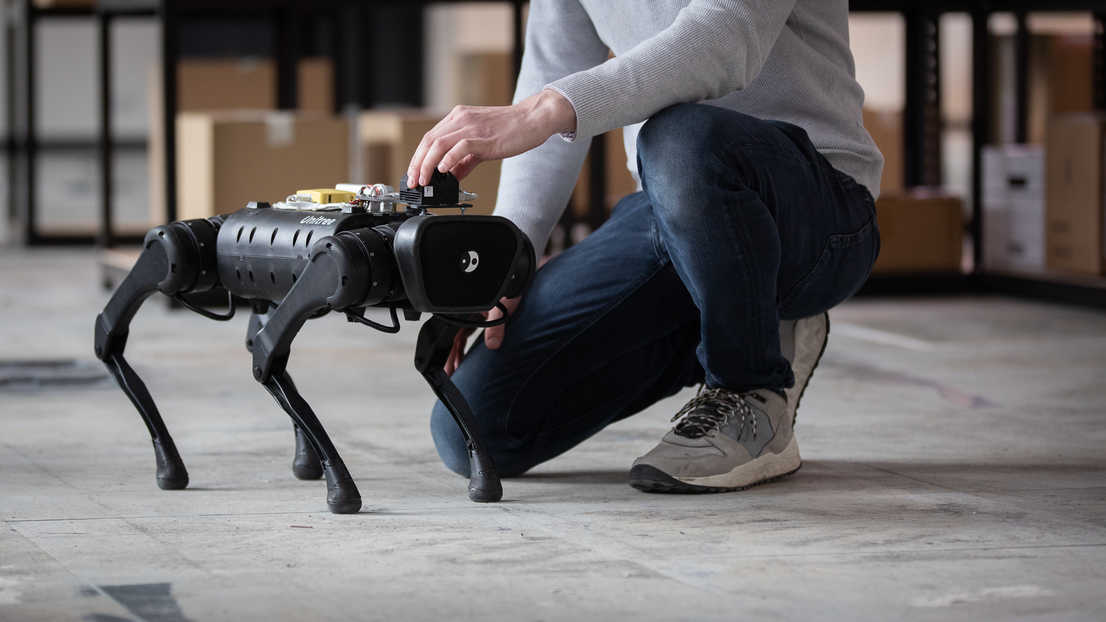 Person crouching touches robot with four legs