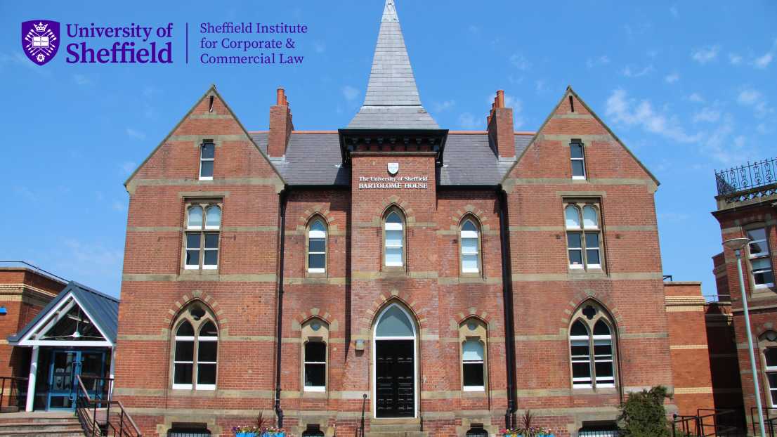 The front of Bartolome house in the sun with a blue sky. Has the Sheffield Institute for Corporate and Commercial Law logo in the top left corner 