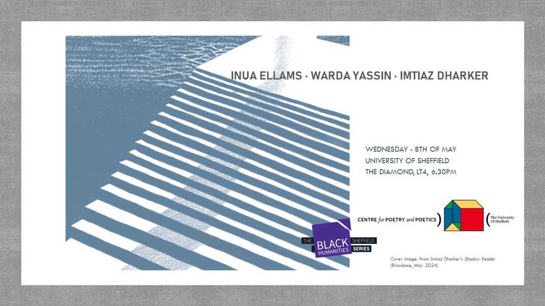 Graphic with the text 'An evening of readings with Warda Yassin, Inua Ellams & Imtiaz Dharker' 