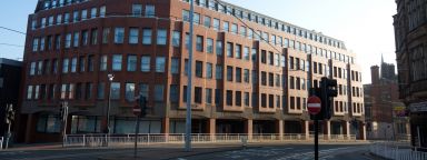 An exterior photo of Cathedral Court from the road