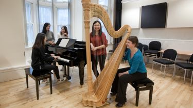 Group of postgraduate music students with harp