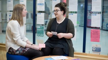 A careers advisor talking with a graduate