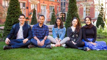 International student ambassadors sat in the Firth Court quadrant