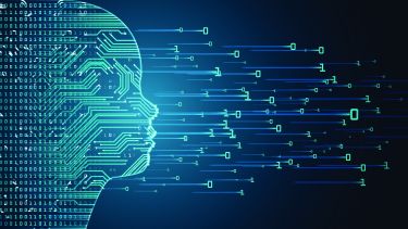 Stock image - big data and AI concept in form of child face outline with circuit board and binary data flow