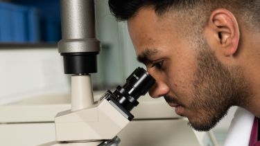A dental researcher looking into a microscope