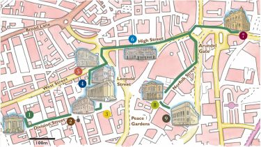 A map of Sheffield city centre highlighting buildings with classically inspired architecture, including the City Hall, Cutlers Hall, the Central Library and more.