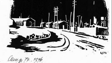 A drawing of the Lodge Moor camp by Heinz Georg Lutz when he was a prisoner there. To do the lino cut Herr Lutz used a piece of linoleum he had picked up, probably in the staff huts, and used a razor blade to make the cuts. Credit: Picture Sheffield