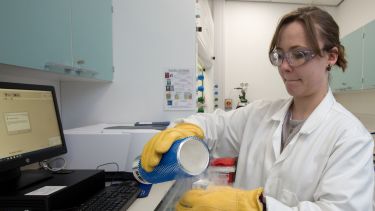 A researcher handles liquid nitrogen in the Ultrafast Laser Spectroscopy Laboratory