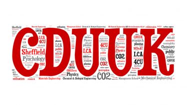 The logo for CDUUK which is red. It is surrounded by random words which are relevant to the group such as Psychology and CO2. 