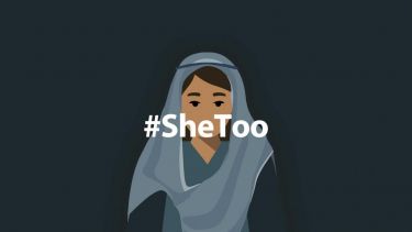 Illustration depicting a woman wearing a headscarf with the caption #SheToo 