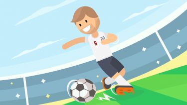 A stylised image of a football player kicking a ball in a stadium.