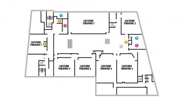 A map of The Diamond's basement. There are 7 lecture theatres. 