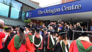 Graduates leaving The Octagon Centre after their summer graduation ceremony. 
