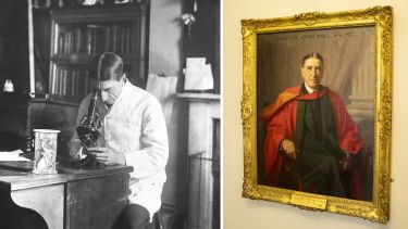 Sir Arthur working in his old lab on Leopold street, alongside a portrait of Sir Arthur which hangs in 40 Victoria Street