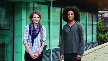 Two Philosophy undergraduate students outside the Jessop West building.