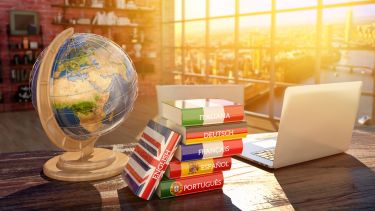A photo of a desk with a globe, various dictionaries and a laptop