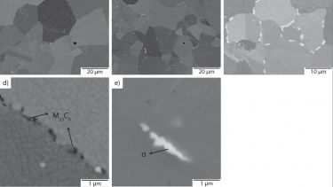 A set of five images showing microscope imaging of a variety of alloys