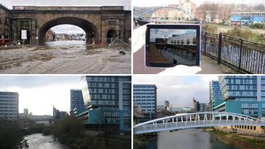 Flooding in the Wicker, an iPad shows flood modelling software next to the river, the River Don next to buildings, the River Don next to buildings but with the addition of a bridge.