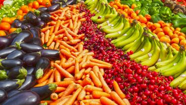 A large array of colourful fruit and vegetables. Cherries, carrots, aubergines and bananas can be seen.