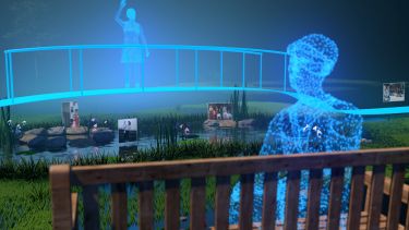 A still from LifePath VR. A virtual person on a virtual bridge waves to another person on a virtual bench.