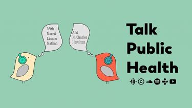 The logo for Talk Public Health. The background is green and two little birds wear headphones.