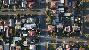 An aerial view of a suburban residential area.