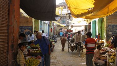 Market (authentic bazaar) in downtown Jaipur, Rajasthan, India - stock photo
