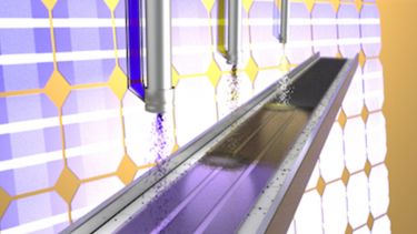 Computer graphic showing how spray-on solar cell's could be used in production. Three nozzles spray cells onto a sub-straight