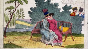 Lady Strachan and Lady Warwick making love in a park, while their husbands look on with disapproval. Coloured etching, ca. 1820