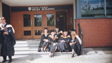 Faye Holden and her friends graduating outside the Hicks Building