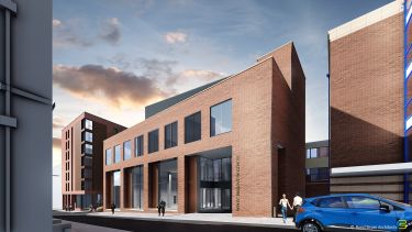 A CGI image of a red brick university building called the Royce Discovery Centre