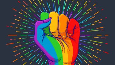 LGBTQ+ fist in a rainbow design 