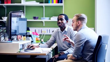 University colleagues working together at a computer screen. 