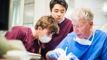 Dental students watch dental demonstration give by lecturer