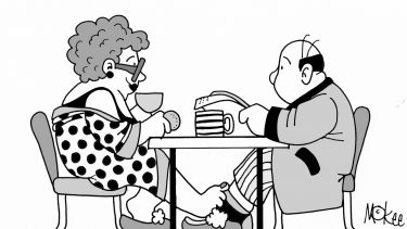 Pete McKee illustration showing man and woman playing footsy at the breakfast table, copyright Pete McKee