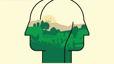 Graphic showing a farm landscape and two heads together