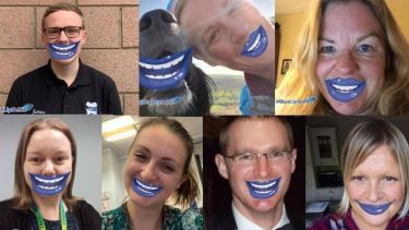 Multiple shots of people with blue lips graphic on mouth