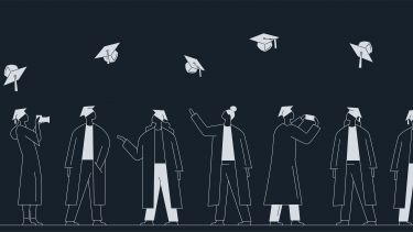 Illustration of graduates throwing mortar boards in the air 
