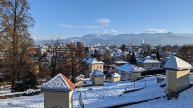 view over snow capped village in Austria