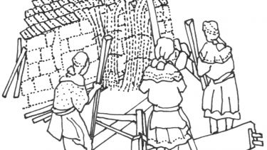 Illustration of three women building a house