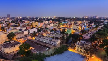 A city scape at dusk