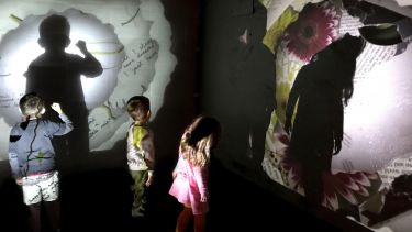 Children making shadows against an arty backdrop